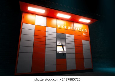 This image captures a highly efficient, automated parcel pickup station, featuring secure lockers and operational 247, facilitating seamless package collection at any hour.