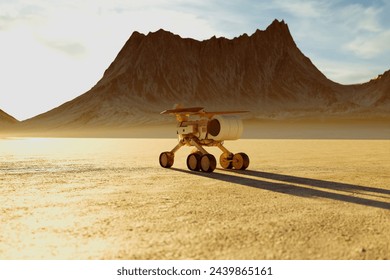 This image captures a Mars rover embarking on a journey across the Martian landscape, under the early rays of the sun, highlighting the planet's rocky terrain and vast desolation.