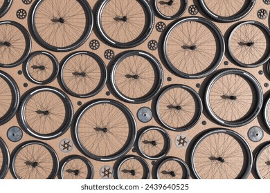 This image captures an overhead assorted arrangement of bicycle wheels and gears, displaying a unique, abstract pattern on a tan backdrop, symbolizing both cycling culture and mechanical beauty.