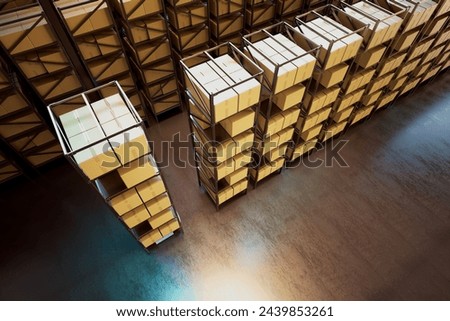 This image captures a vast warehouse space filled with towering rows of metal shelving, each packed with countless cardboard boxes, showcasing efficiency and organization in a logistical setting.
