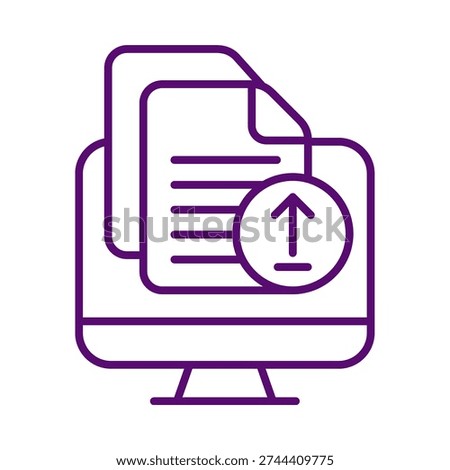This image depicts a computer screen with a document icon and an upload button, symbolizing the process of uploading files or documents to a computer system or application.