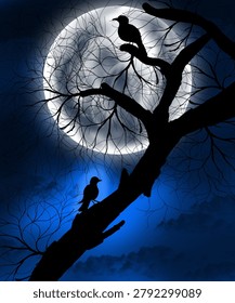 This image depicts a dramatic nighttime scene with strong silhouettes and a striking moonlit backdrop.
A large, leafless tree stretches diagonally across the frame, its dark trunk and intricate branches creating an elegant web-like pattern.
Two birds are perched on separate branches. One sits near the top against the bright moon, while the other rests lower on the trunk.
A large full moon dominates the background, glowing with soft white and gray tones that illuminate the scene.
The sky is a deep, rich blue, gradually darkening toward the edges and accented by faint clouds near the bottom.
The birds and tree appear as black silhouettes, creating a high-contrast effect against the luminous moon.
The composition conveys a calm, mysterious, and slightly magical atmosphere often associated with quiet moonlit nights.

The image has a serene yet dramatic mood, emphasizing the beauty of nature through the contrast of moonlight, bare branches, and silhouetted birds.
