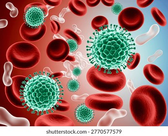 This image depicts a microscopic view of viruses and red blood cells suspended in a biological fluid. The viruses are green and spherical in shape, with protruding spikes on their surface. The red blood cells are disk-shaped and vary in size. The image is a representation of a biological process, likely related to medical research or healthcare. The image is detailed and scientific, suggesting a laboratory or experimental setting.