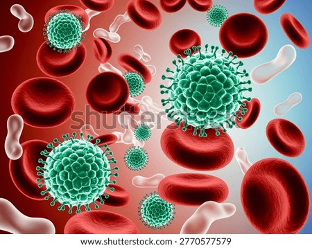 This image depicts a microscopic view of viruses and red blood cells suspended in a biological fluid. The viruses are green and spherical in shape, with protruding spikes on their surface. The red blood cells are disk-shaped and vary in size. The image is a representation of a biological process, likely related to medical research or healthcare. The image is detailed and scientific, suggesting a laboratory or experimental setting.