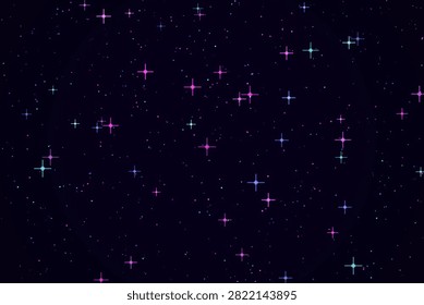 This image depicts a starfield pattern with numerous glowing particles in shades of purple and blue against a dark background. The