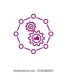 This image depicts a system of interconnected gears. The central gear is larger and features a thumbs-up icon, indicating approval or success. Surrounding the central gear are smaller gears, all linked together by a circular chain. This symbolizes a well-coordinated and efficient mechanism.