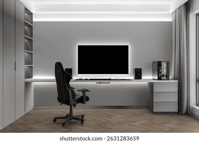 This image displays a clean, modern desk setup under bright, cool white lighting. The crisp illumination highlights its minimalist design for a focused workspace. 3D render.