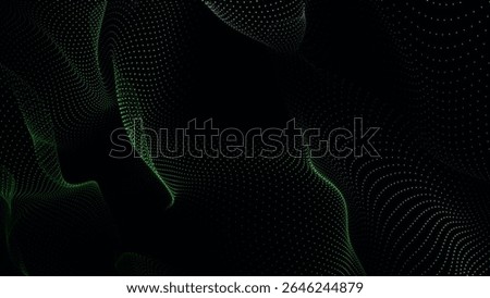 This image displays a dynamic composition of green dots arranged in a wavy pattern against a black background, creating a modern, abstract visual