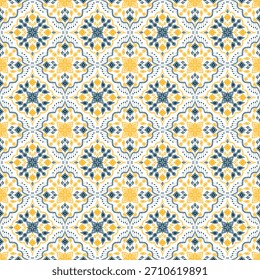 This image displays a seamless, vector  style repeating pattern that mimics the look of traditional Spanish  Portuguese or Moroccan tilework  Azulejo Talavera  The motif is highly symmetrical and fea
