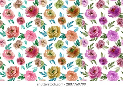 This image displays a seamless, vertically repeating watercolor floral pattern featuring abstract, open-petaled roses and mixed foliage on a stark white background. The design is organized into three distinct colorway options: shades of classic blush pink, an earth-toned palette of olive and mustard, and a rich array of purples and plums.