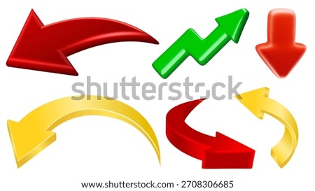 This image displays a set of six three-dimensional arrows in red, green, and yellow. The arrows are arranged in two rows. 