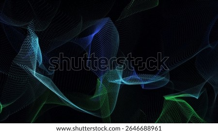 This image features an abstract composition of flowing particle waveforms in shades of blue, green, and teal, set against a stark black background,