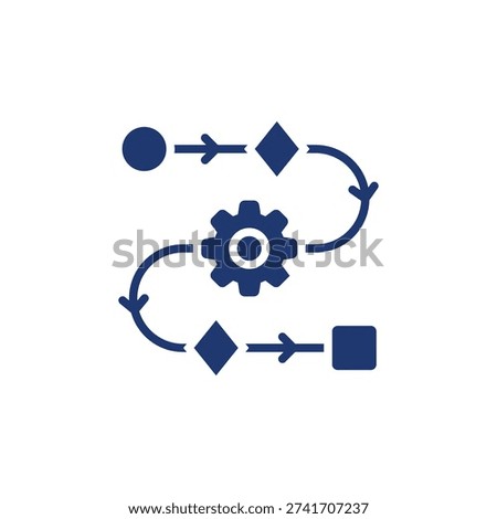 This image features an abstract flowchart with a central gear icon and various shapes such as circles, diamonds, and squares. The flowchart elements are interconnected with arrows, representing a process or workflow. The image is isolated on a white background, making it versatile for commercial use. The design is modern and clean, with a monochromatic blue color scheme that adds a professional touch.