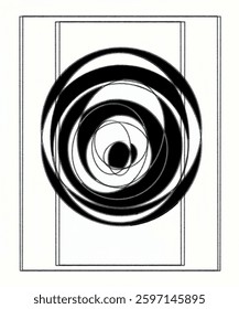 This image features an abstract pattern of overlapping black and white circles, creating a dynamic visual effect centered in the middle. The background includes rectangular lines that provide a struct
