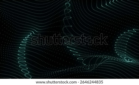 This image features an abstract pattern of teal dots arranged in wavy lines and swirling patterns against a dark black background, creating a