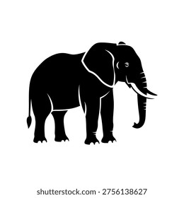 This image features a black silhouette of an elephant standing on a plain background. The elephant is facing slightly to the left, with its trunk raised and ears spread out. The simplicity of the silhouette highlights the majestic shape and form of the animal.