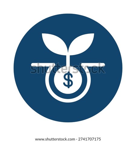 This image features a blue circle with a white plant sprouting from a money bag symbol in the center. The design is simple, modern, and clean, with a focus on the central icon. The image is isolated on a white background, making it suitable for various commercial uses, such as logos, icons, or illustrations. The blue color adds a touch of professionalism and trustworthiness.
