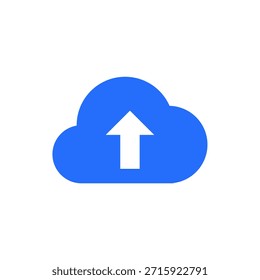 This image features a blue cloud with an upward-pointing white arrow in the center. The cloud is fluffy and rounded, symbolizing data transfer or upload to a cloud service. The arrow indicates the direction of the upload process.