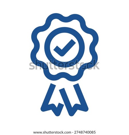 This image features a blue ribbon with a wavy border, tied in a bow at the bottom. In the center of the ribbon, there is a white circle with a blue checkmark, signifying accomplishment and approval.