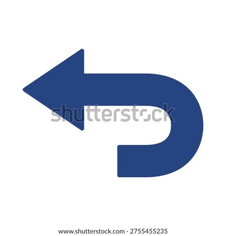 This image features a bold, blue arrow that points to the left with a curved tail, symbolizing a return or reverse direction. The arrow is solid and has a rounded shape, making it visually distinct and easy to recognize.