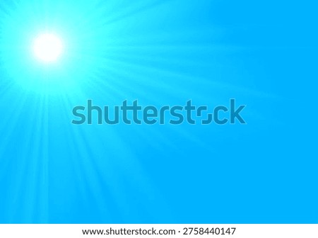This image features a bright sun in a clear blue sky with rays of light emanating from it. Featuring vibrant, weather, atmosphere