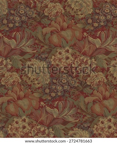 
This image features a classic floral damask or brocade-style textile pattern. It is characterised by its dense, overlapping botanical motifs and a sophisticated, "old-world" colour palette.