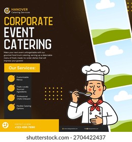 This image features a clean and modern promotional poster for Hanover Catering Services, created to highlight their Corporate Event Catering. The design uses bold, clear typography that instantly capt