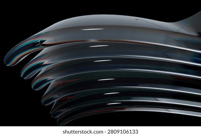 This image features a close-up of a modern, metallic sculpture with smooth, curved lines and a reflective surface. The sculpture is set against a solid black background, accentuating its shiny, silver