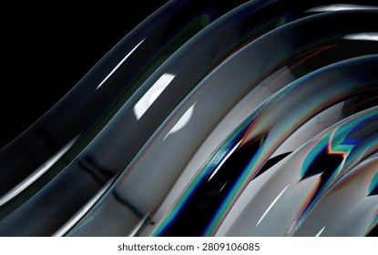 This image features a close-up of a shiny metallic surface with vibrant rainbow reflections on a sleek black background, showcasing a mesmerizing display of colors and light