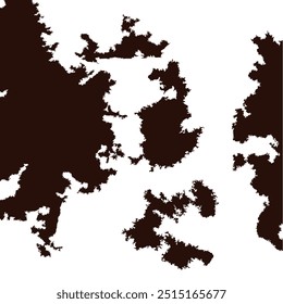 This image features a collection of abstract, fractal-like shapes resembling a series of interconnected islands or landmasses, depicted in dark brown against a stark white background. The intricate,