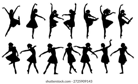 This image features a collection of black silhouettes of women dancing in various poses, showcasing their elegance, beauty, and dynamism. The silhouettes are set against a clean white background, highlighting the fluid movements and expressions of the dancers. The image is perfect for use in design, illustration, or as a creative element in various projects.