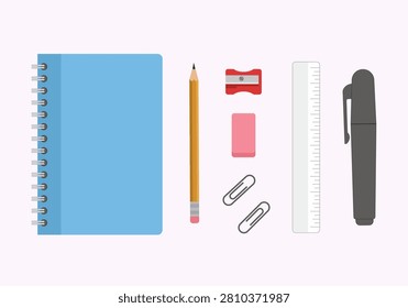 This image features a collection of school supplies, including a blue spiral notebook, a yellow pencil, a pencil sharpener, a pink eraser, two paperclips, a white ruler, and a black pen. The items are arranged neatly on a plain white background, creating a clean and organized visual representation of essential tools for learning and creativity.