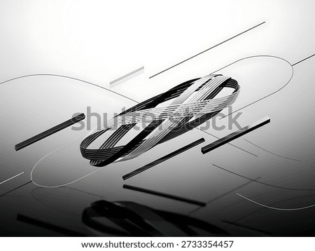 This image features a complex geometric design primarily in black and white. A woven, elliptical structure is the central focus, accompanied by linear elements and floating shapes. The composition uses a high-key lighting setup with soft shadows. Suitable for use in design, illustration, and conceptual projects.