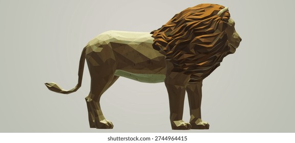 This image features a digital illustration of a lion rendered in a low-poly art style, which uses distinct geometric shapes to construct the animal's form. The creature is presented in a side profile, showcasing a sharp contrast between its smooth, tan body and a voluminous, multi-tonal brown mane. By utilizing faceted polygons instead of realistic textures, the artist emphasizes the interplay of light and shadow across the lion's structural planes. Ultimately, the piece serves as a modernist interpretation of nature, blending the majesty of the wild with the precision of digital geometry.