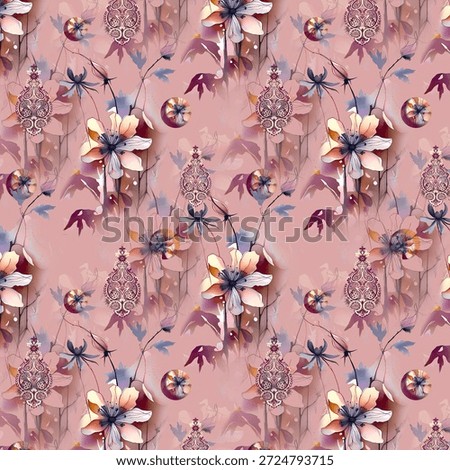 This image features a digital seamless textile pattern that blends traditional ethnic motifs with modern botanical art. It is a sophisticated design likely intended for apparel like Kurtis, saris, or high-end dress materials.its Not AI Content 