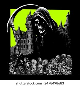 This image features a fearsome grim reaper, wielding a whip, against the backdrop of a gloomy kingdom of skulls. This angelic figure stands gracefully but sinisterly, exuding an aura of power and fear