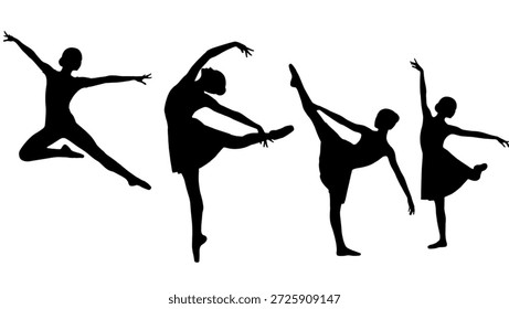 This image features four ballet dancers in various poses, captured in a striking black silhouette against a clean white background. The dancers' movements convey a sense of elegance, beauty, and athleticism, showcasing their skill and technique. The image exudes a sense of drama, dynamism, and energy, inviting the viewer to appreciate the artistry and expression of ballet dance.