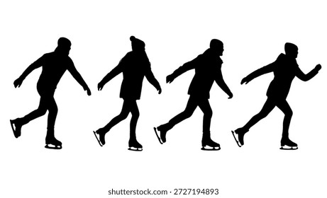 This image features four silhouettes of people ice skating in different poses, conveying a sense of fun and movement. The black silhouettes are set against a clean white background, making the illustration versatile for various design applications. The image captures the joy and freedom of ice skating, making it suitable for use in advertising, editorial content, or digital media related to winter sports, recreation, and fitness.