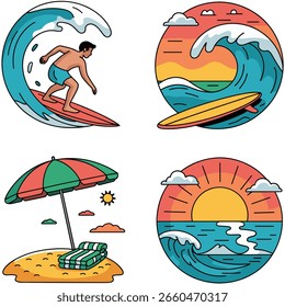 This image features four stylized, colorful scenes depicting surfing and beach relaxation.