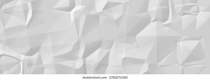 This image features a gray and white abstract geometric background with a crumpled paper texture, showcasing a 3D effect with various shapes and folds, creating a visually interesting composition
