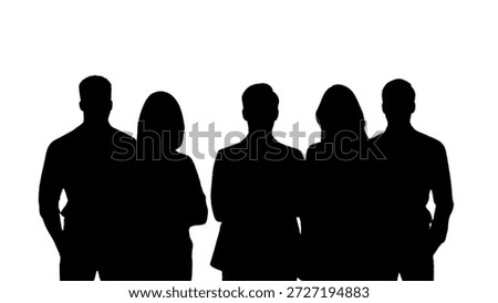 This image features a group of five people standing together in silhouette against a plain white background. The individuals are faceless and anonymous, allowing the viewer to focus on their collective presence and unity. The image can be used to represent teamwork, cooperation, and community in various contexts, such as business, education, or social gatherings.