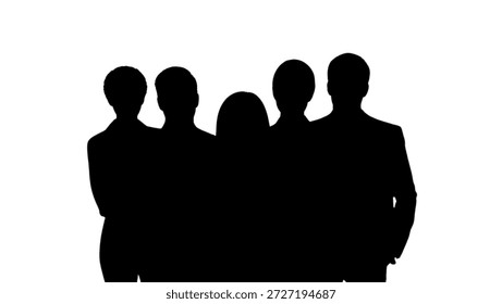 This image features a group of four business people standing together in silhouette against a white background. The image conveys a sense of unity, solidarity, and teamwork, and can be used to represent collaboration, partnership, and cooperation in a professional or corporate setting.