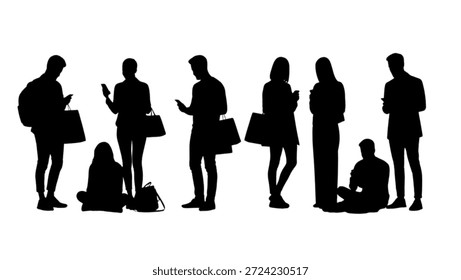 This image features a group of people in black silhouettes against a white background. The individuals are standing and sitting in various poses, some holding bags or looking at their mobile phones. The minimalist design and abstract illustration style make this image suitable for a wide range of creative projects, from graphic design to editorial content.
