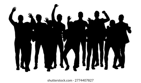 This image features a group of people in silhouette celebrating with raised arms and fists. The group appears to be dancing and expressing joy, set against a plain white background. The silhouettes are black and uniform, conveying a sense of collective excitement and jubilation. The image can be used to represent celebration, happiness, and energetic movement in various contexts.