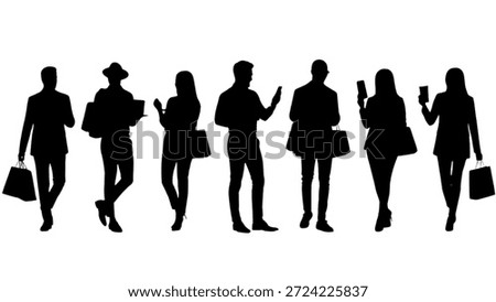 This image features a group of seven people walking in a line, each carrying shopping bags and coffee cups. The silhouettes are set against a clean white background, creating a striking visual contrast. The scene captures a moment of everyday life, showcasing urban commuters or travelers going about their daily routines. The image is a great representation of modern city life, highlighting the hustle and bustle of daily activities.