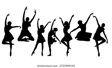 This image features a group of silhouetted dancers in various poses, showcasing their elegance and poise against a clean white background. The dancers' movements convey a sense of freedom and joy, inviting the viewer to appreciate the beauty of dance and artistic expression. - Powered by Shutterstock - Get 15% off with code: PIKWIZARD15