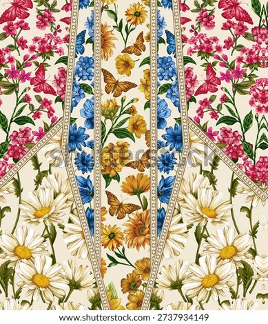 This image features a highly symmetrical, intricate textile or wallpaper design that blends botanical illustration with geometric patterns. new design art new creation.