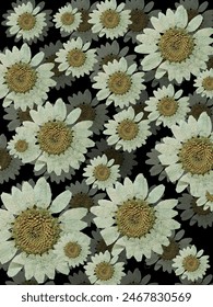 This image features a lush pattern of white flowers with intricate centers, set against a stark black background. The detailed petals and textured centers create a harmonious look