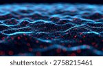 This image features a mesmerizing digital wave pattern with glowing blue lines and scattered red dots on a dark background, creating a futuristic and dynamic visual effect with a bokeh-like atmosphere