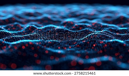 This image features a mesmerizing digital wave pattern with glowing blue lines and scattered red dots on a dark background, creating a futuristic and dynamic visual effect with a bokeh-like atmosphere